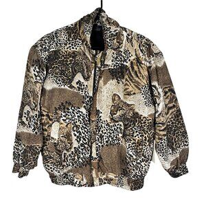 Retro Silk Animal Print M Bomber Jacket Black Leopard Safari Neutral Classic 90s